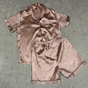 Women’s Silky Pink Pajama Set with Black Trim